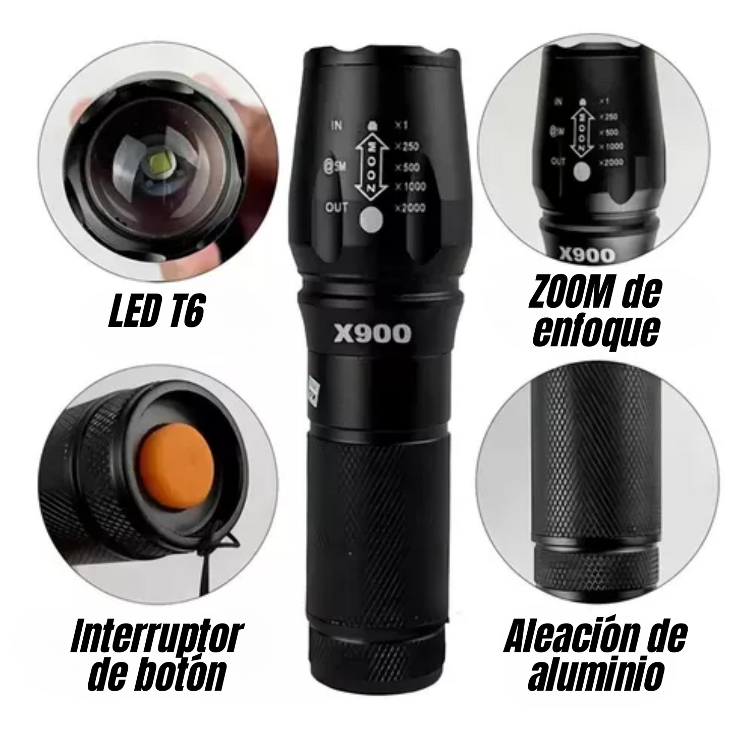 Lampara Tactica Recargable X900 Led T6 Zoom Focal Luz Blanca