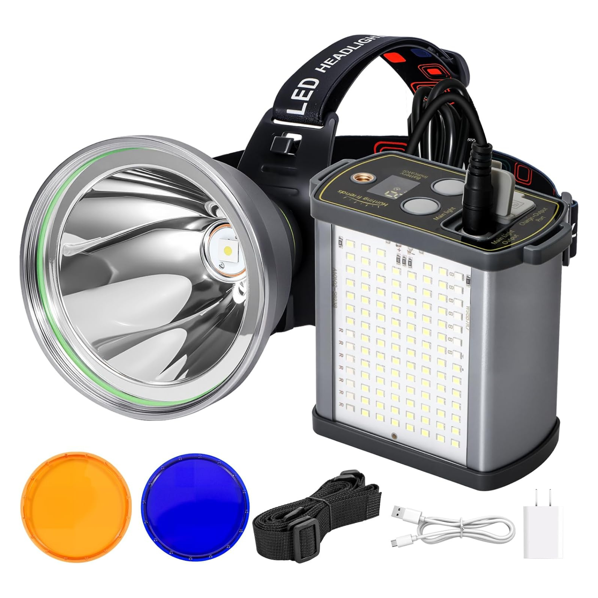 Linterna Faro de Largo Alcance 60000 Lúmenes con Batería USB, 3 modos de luz blanca, función power bank, COB con modo policía