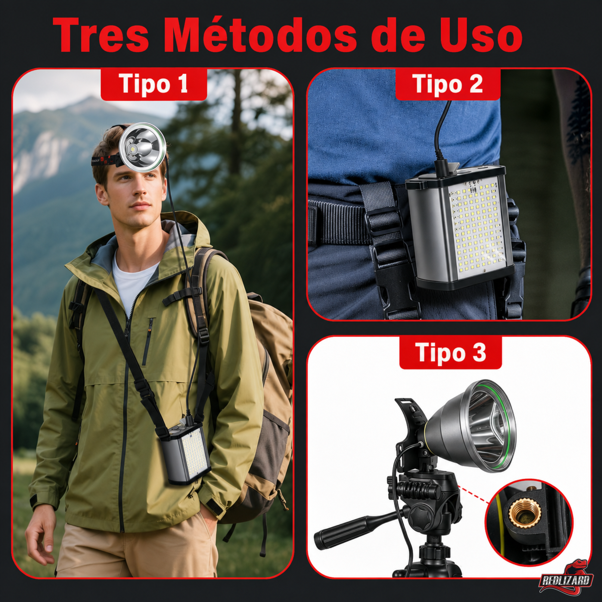 Linterna Faro de Largo Alcance 60000 Lúmenes con Batería USB, 3 modos de luz blanca, función power bank, COB con modo policía
