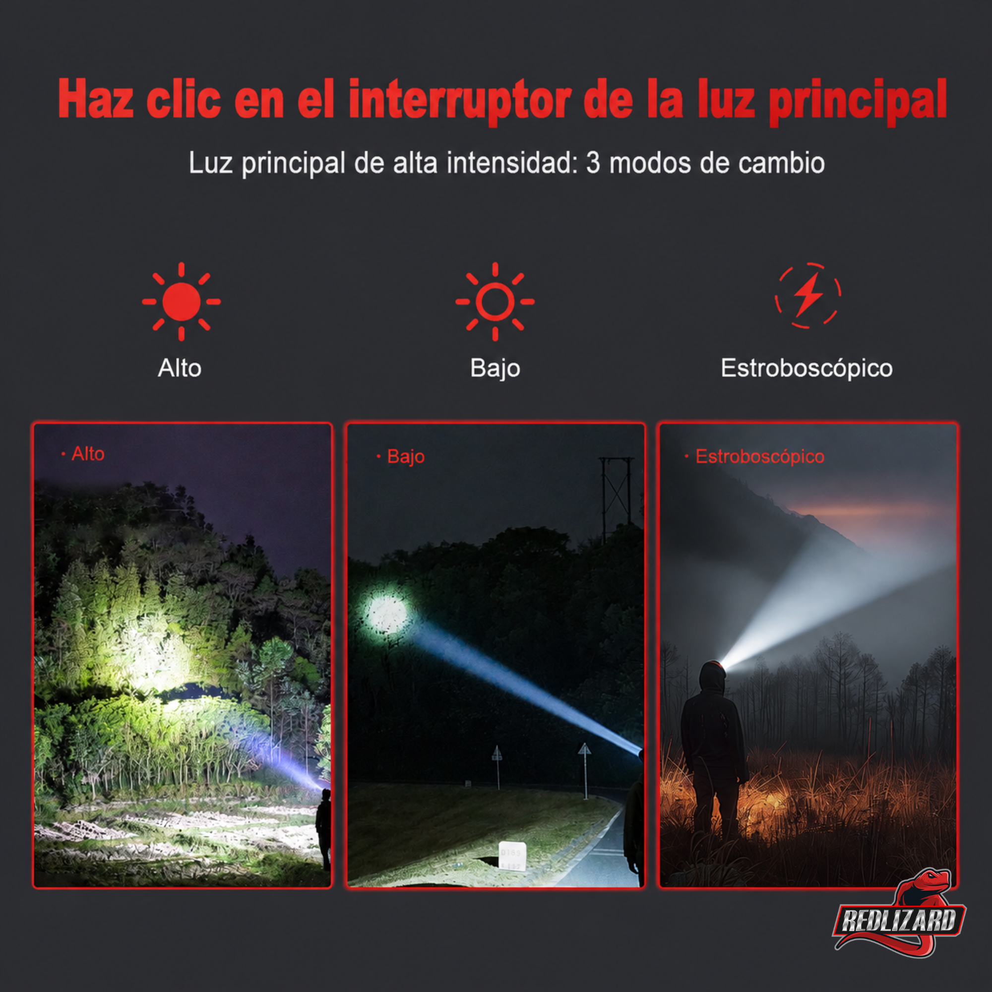 Linterna Faro de Largo Alcance 60000 Lúmenes con Batería USB, 3 modos de luz blanca, función power bank, COB con modo policía