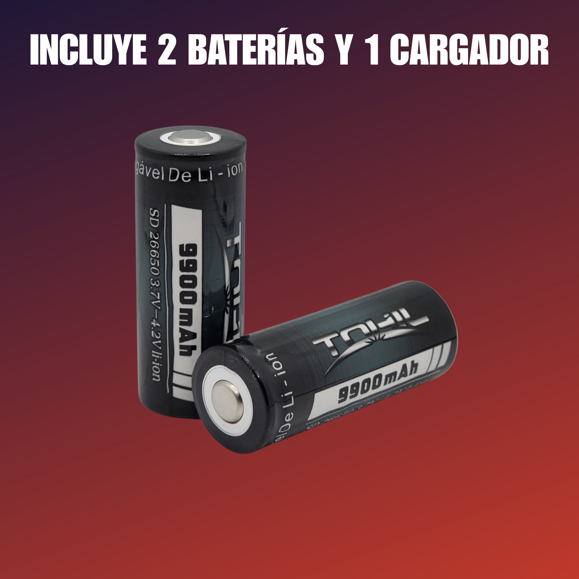 Cargador Con Batería Recargable 26650 3.7 - 4.2v 9900mah (2 pilas)