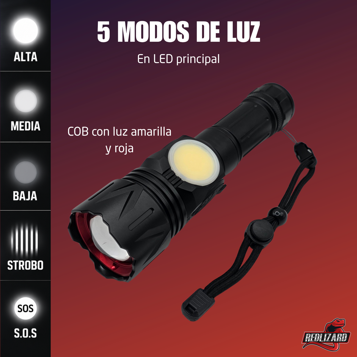 Linterna Recargable Mano Potente Led Power Bank Cob Luz Roja