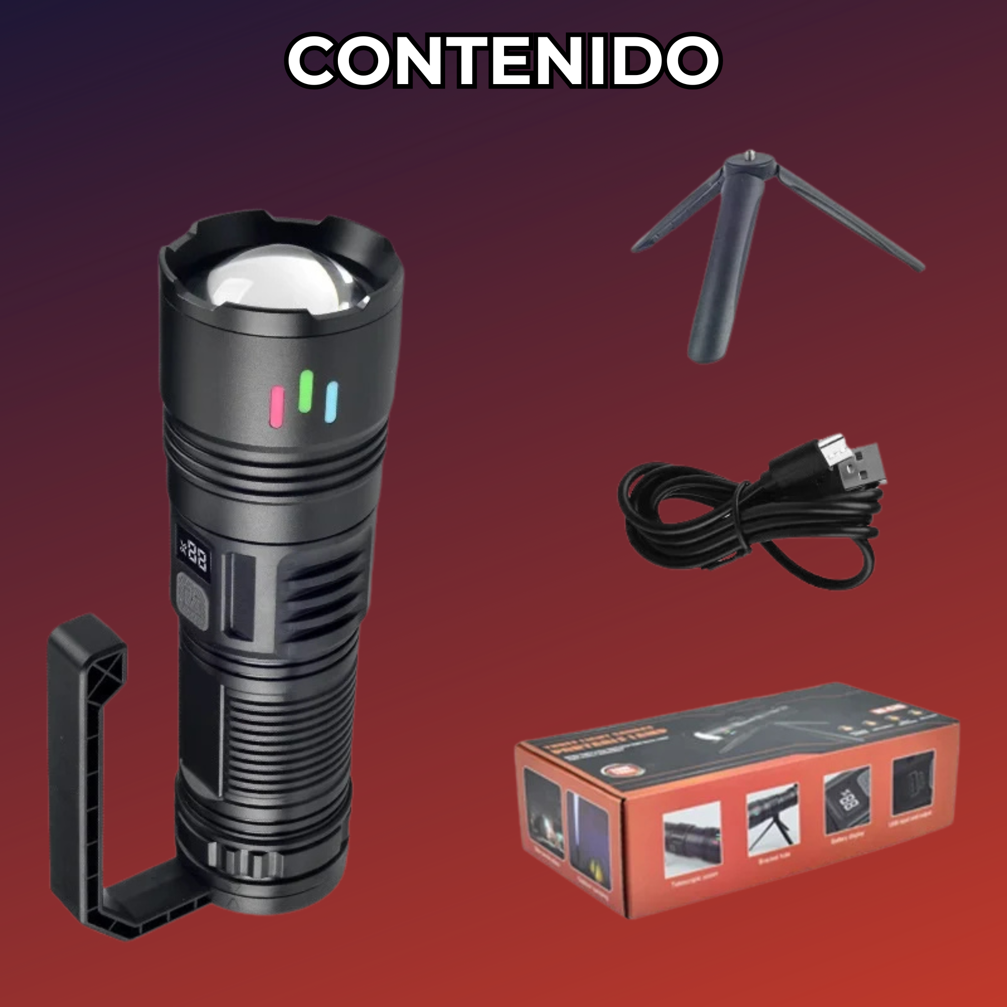 Lampara Tactica Potente Con Tripie Cacería Recargable 3 Leds