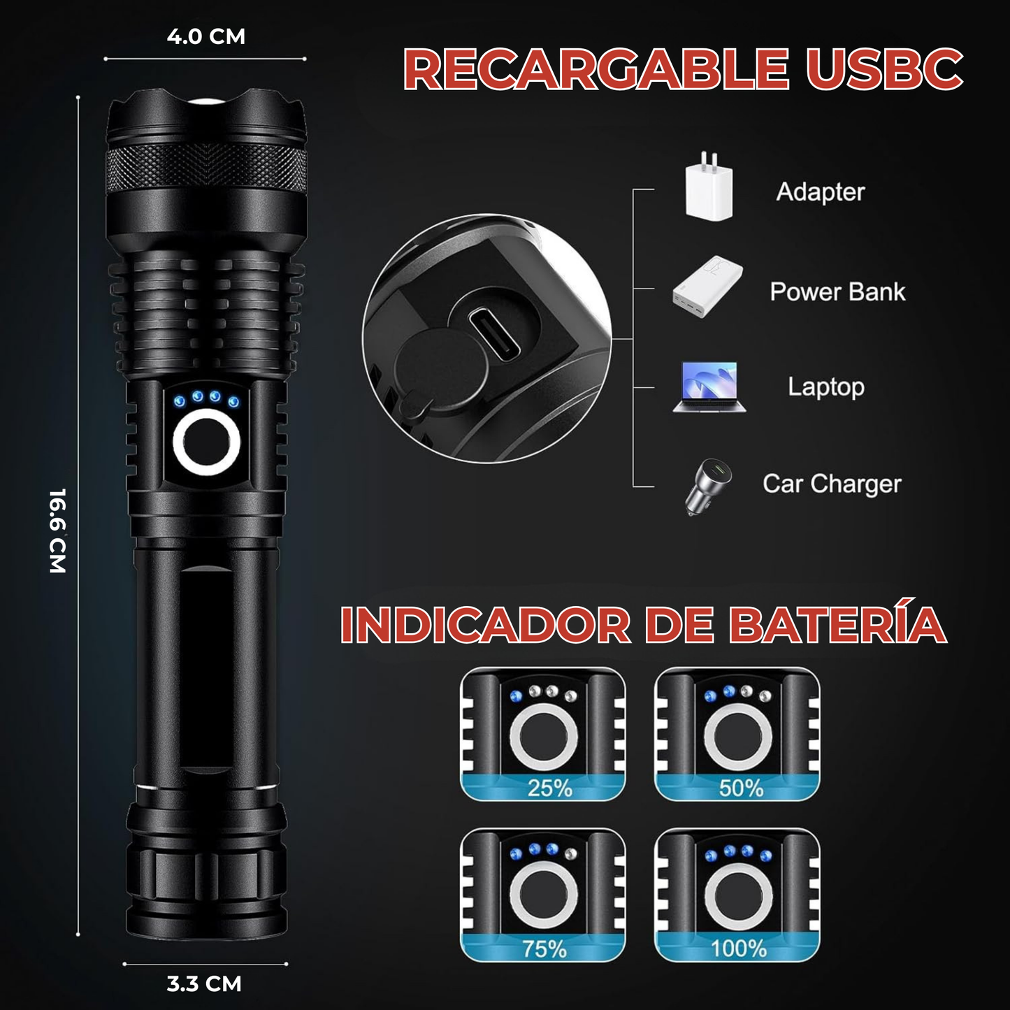 Lampara Led Potente 5000 Lumens 5 Modos Luz Grado Militar