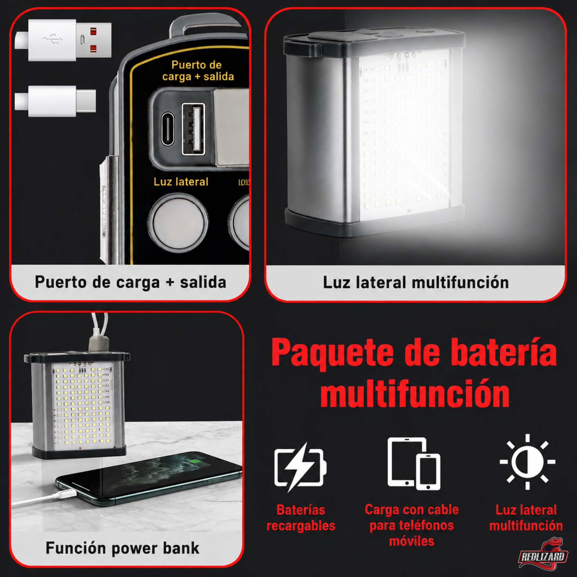 Linterna Faro de Largo Alcance 60000 Lúmenes con Batería USB, 3 modos de luz blanca, función power bank, COB con modo policía