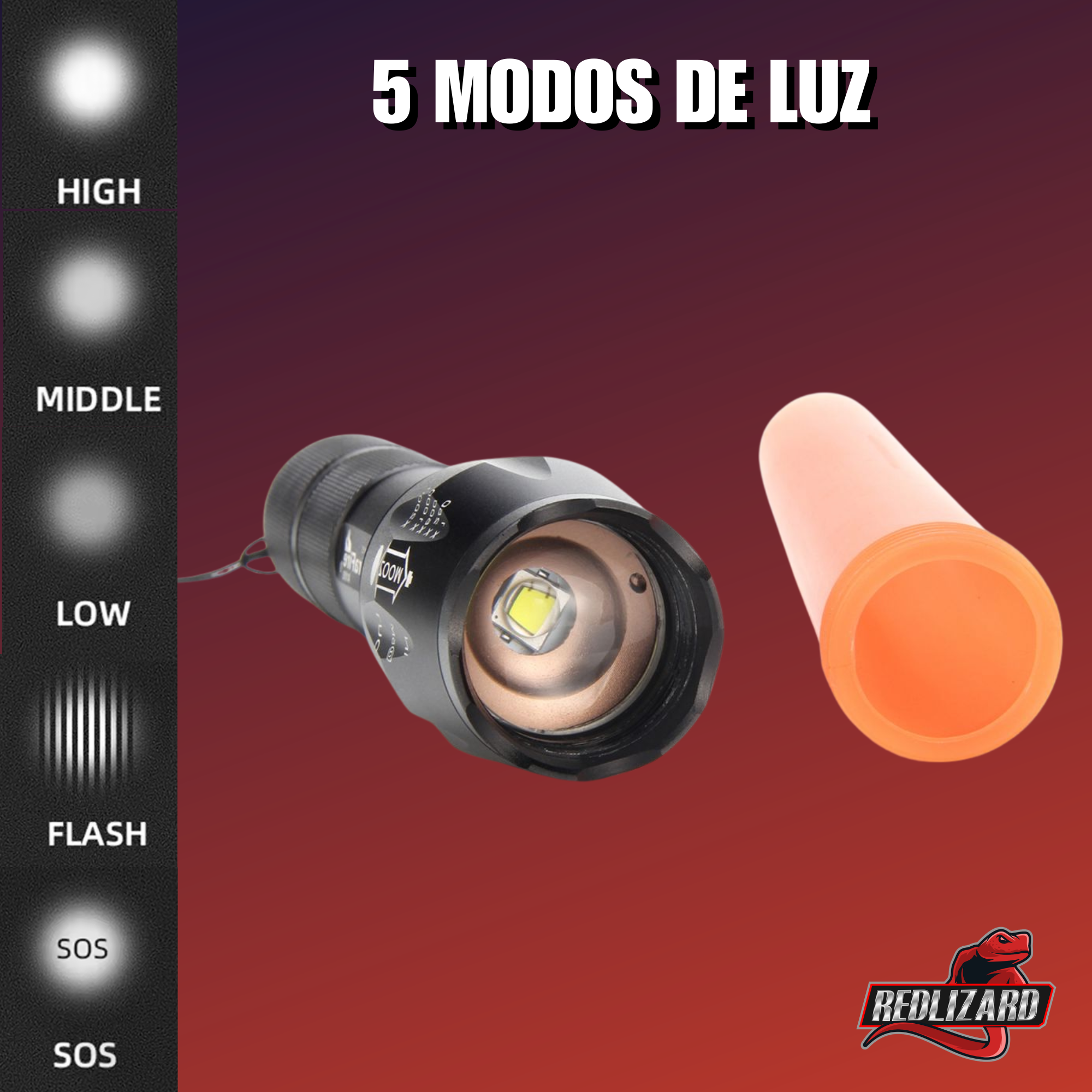 Lampara tactica, Con Cono para Señalamiento de Transito, 5 Modos de luz, Zoom de enfoque, Resistente al agua, Linterna compacta para camping, deportes o trabajo