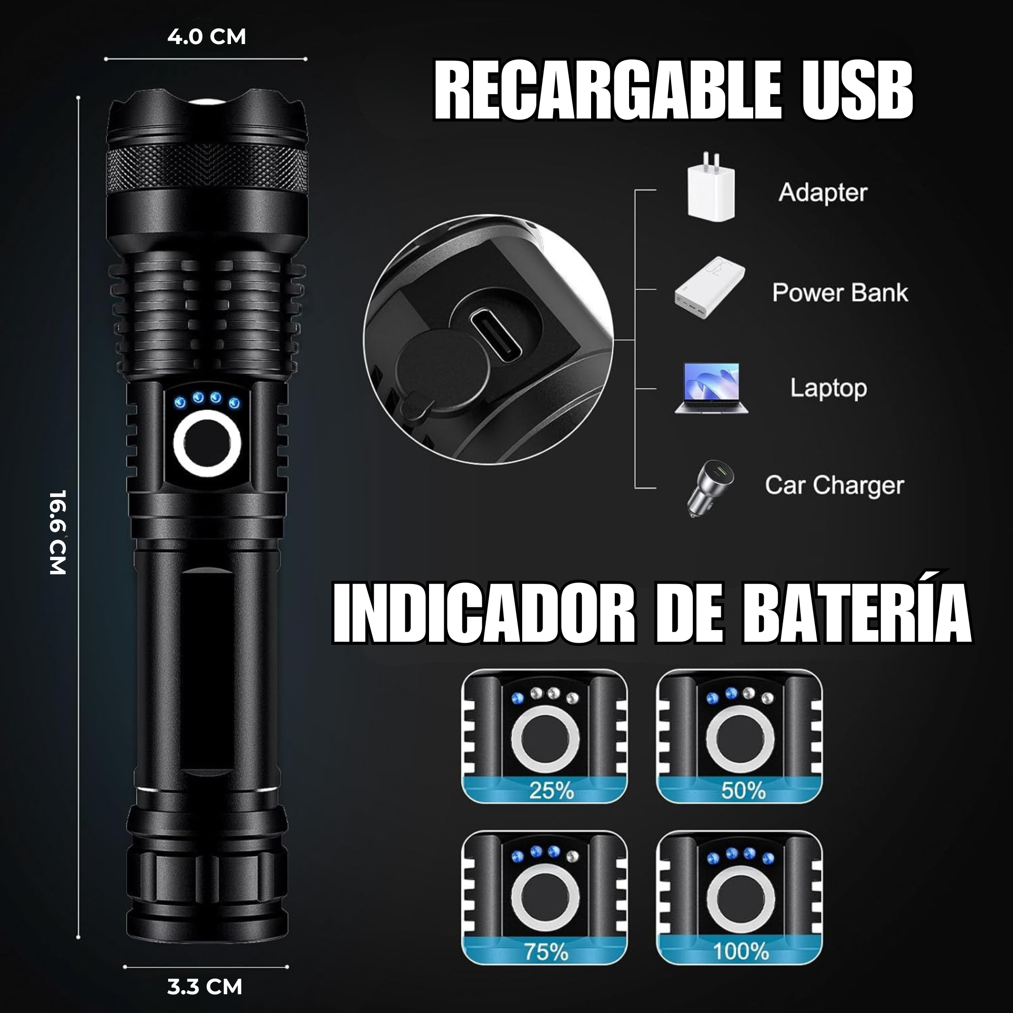 Lampara Led Potente 5000 Lumens 5 Modos Luz Grado Militar