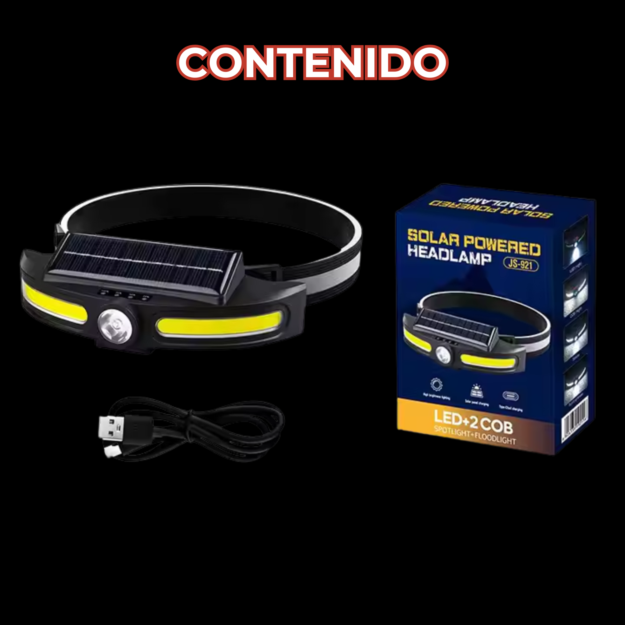 Lampara Solar De Cabeza Recargable Led Cob Y Zoom Usb C