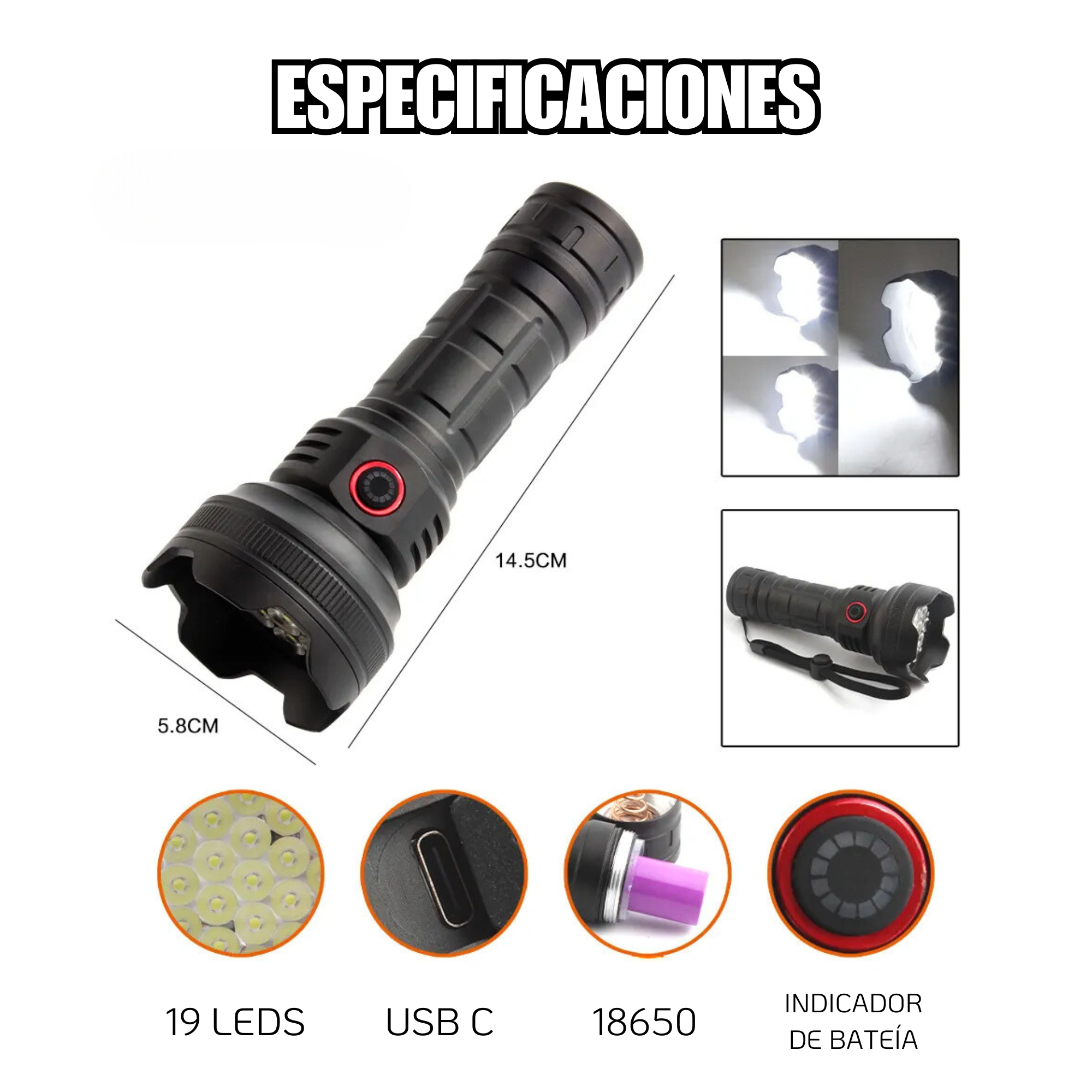 Lampara Recargable 19 Leds Ultra Potente 5 Modos Luz Tactica