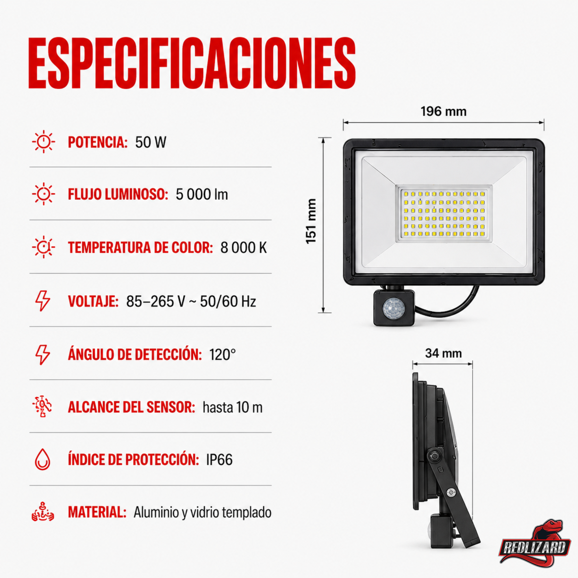 Reflector Led 5000lm Para Exterior 50w C/sensor De Movimento