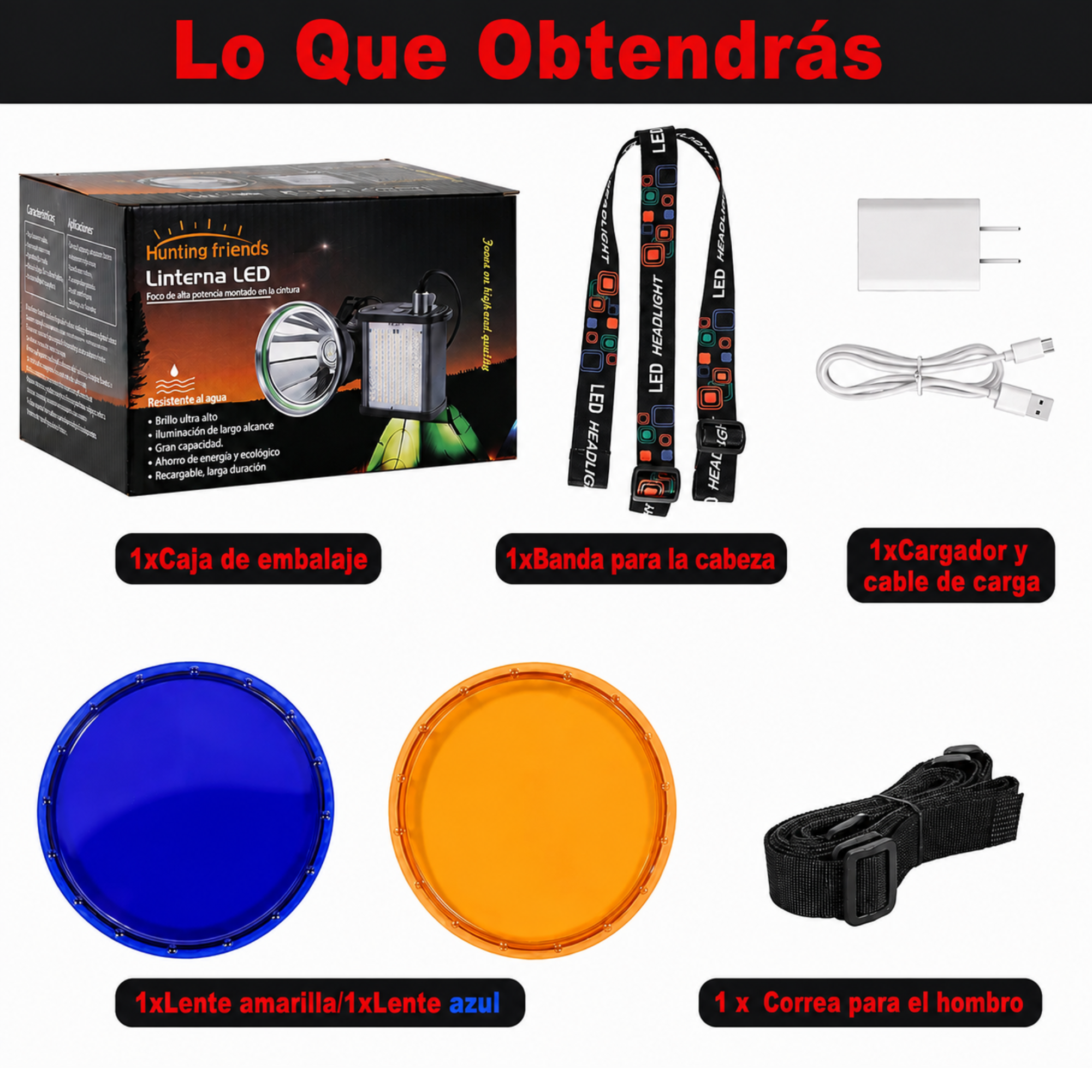 Linterna Faro de Largo Alcance 60000 Lúmenes con Batería USB, 3 modos de luz blanca, función power bank, COB con modo policía