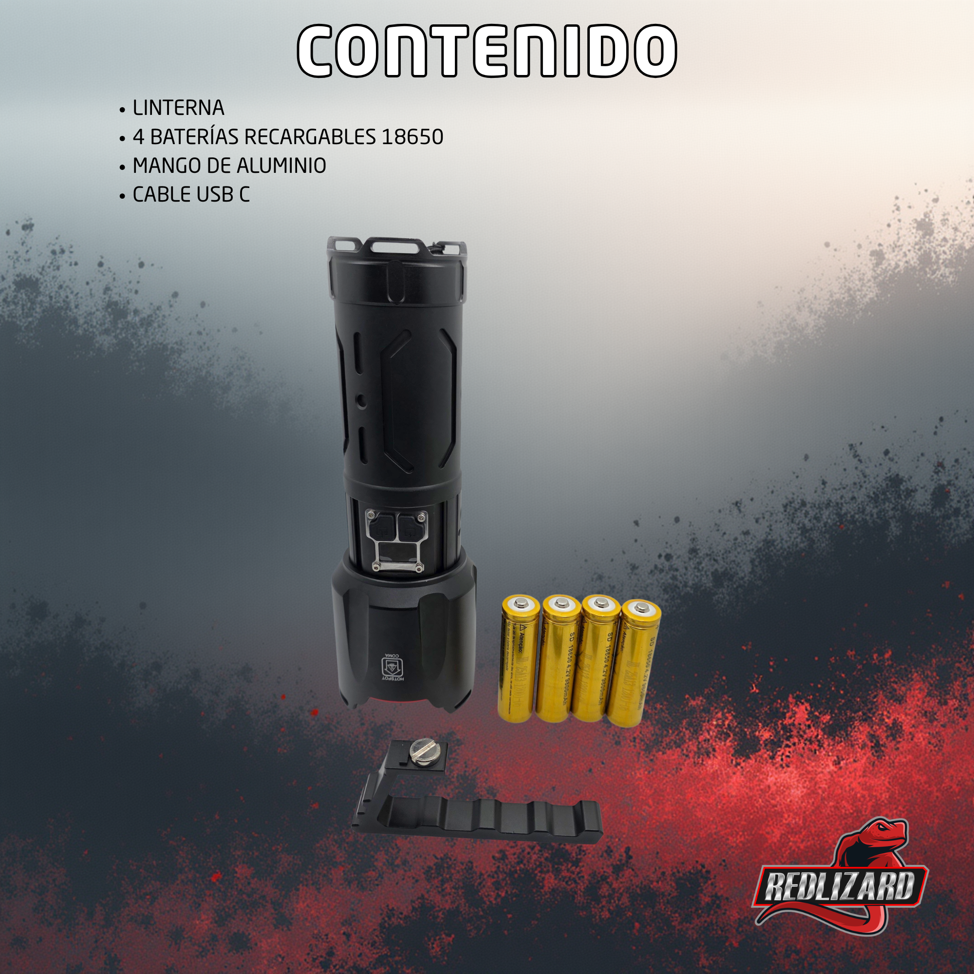 Lampara Potente Tactica Mano Laser Led Recargable 4 X 18650 Blanco Negro