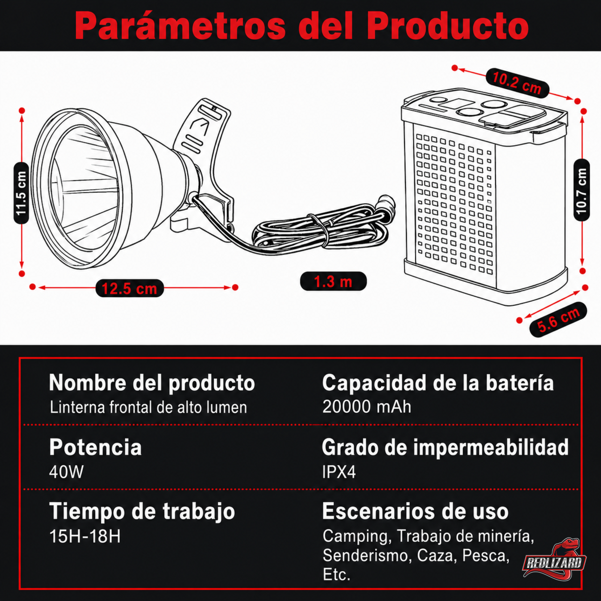 Linterna Faro de Largo Alcance 60000 Lúmenes con Batería USB, 3 modos de luz blanca, función power bank, COB con modo policía