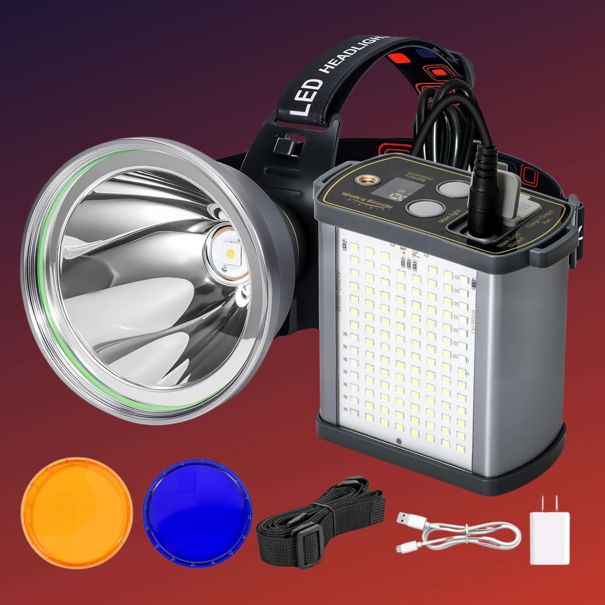 Linterna Faro de Largo Alcance 60000 Lúmenes con Batería USB, 3 modos de luz blanca, función power bank, COB con modo policía
